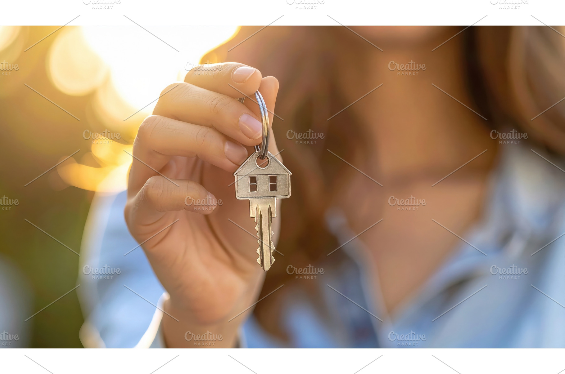 A woman holding a house-shaped key, a Business Photo by Igor Tichonow