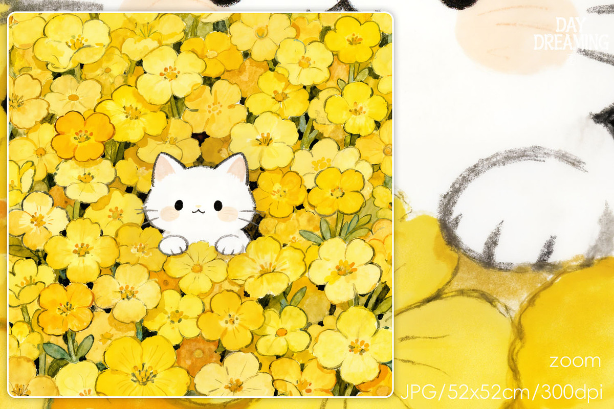 White Cat in Yellow Flower Field, an Animal Illustration by yahu88studio (Photo 2 of 3)