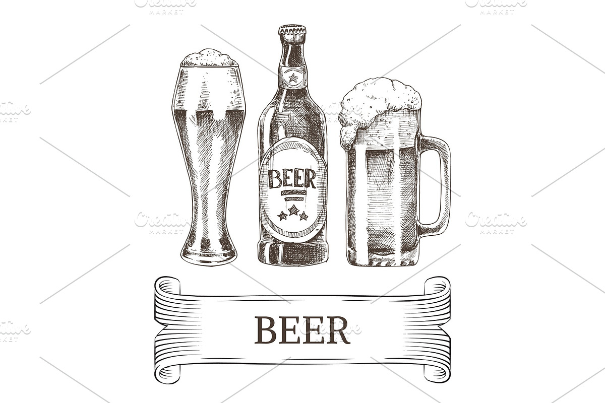 Beer Bottle and Mugs Icons Set, a Food Illustration by robuart