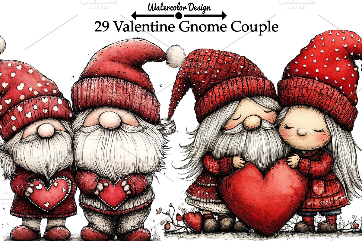 Valentine Gnome Couple Clipart, an Illustration by Watercolor design (Photo 1 of 5)