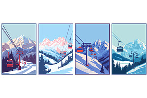 Ski Resort Landscape Posters Set