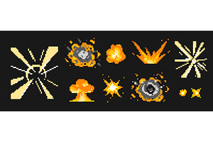 Retro pixel explosions with flames, an Object Illustration by art PVP - market