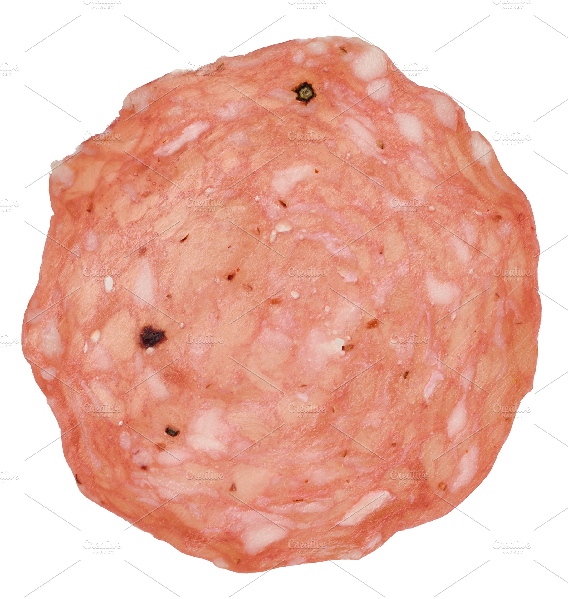 Round slice of salami sausage with speckles of fat and peppercor, a Food & Drink Photo by ndanko