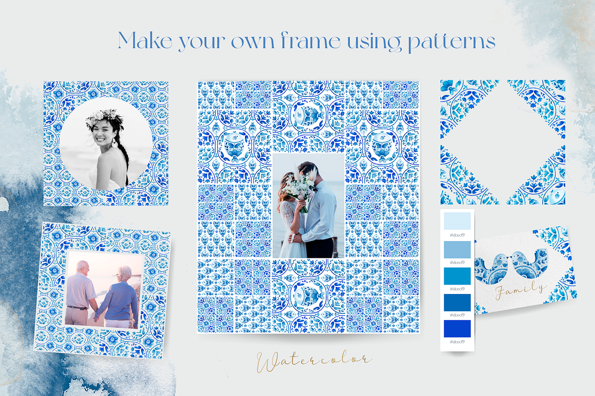 Watercolor blue tile patterns, a Decorative Illustration by Ojeny shop (Photo 5 of 8)