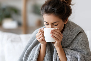 Woman wrapped in a grey blanket sits, a Health & Medical Photo by MistyDay