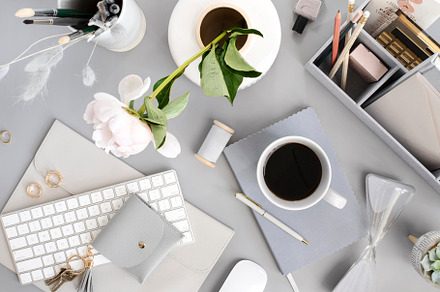 Grey Workspace Flatlay, a Business Photo by Her Creative Studio