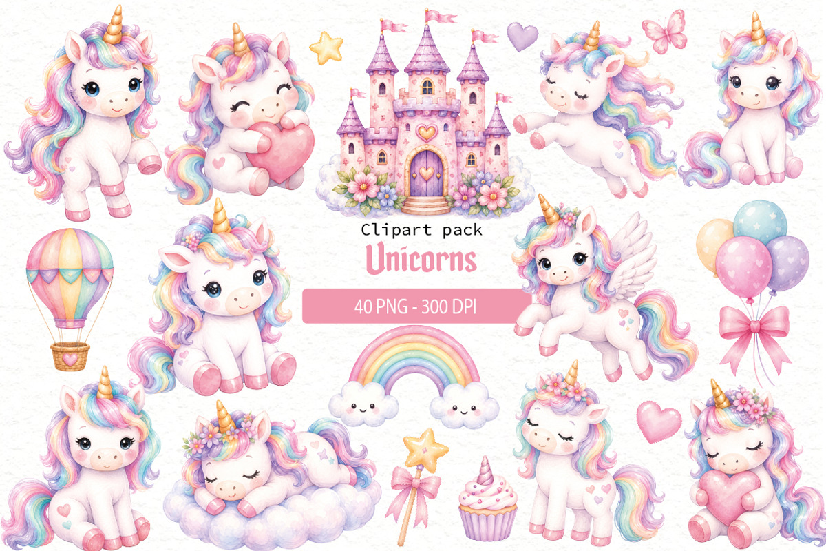Pastel Unicorn Clipart Bundle, an Animal Illustration by Villa 11 Estudio (Photo 1 of 3)