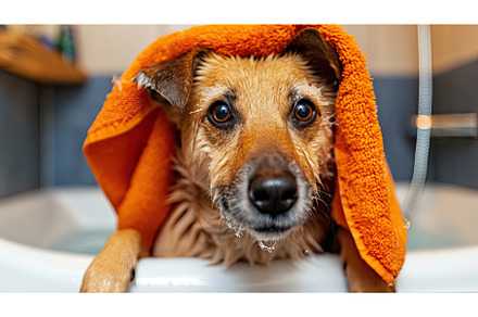 dog in bathrobe and towel on head, an Animal Photo by Neirfy