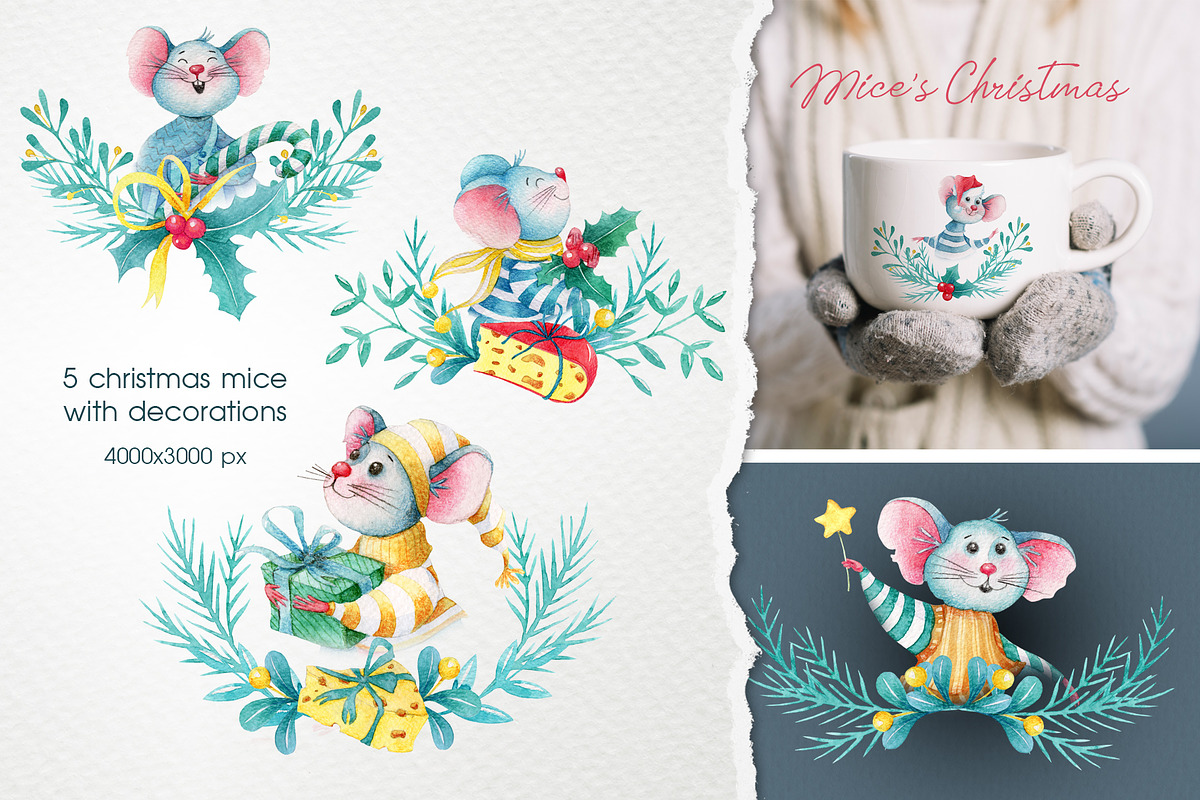 Watercolor Christmas Mice Clip art, an Animal Illustration by ArtPavo (Photo 7 of 9)