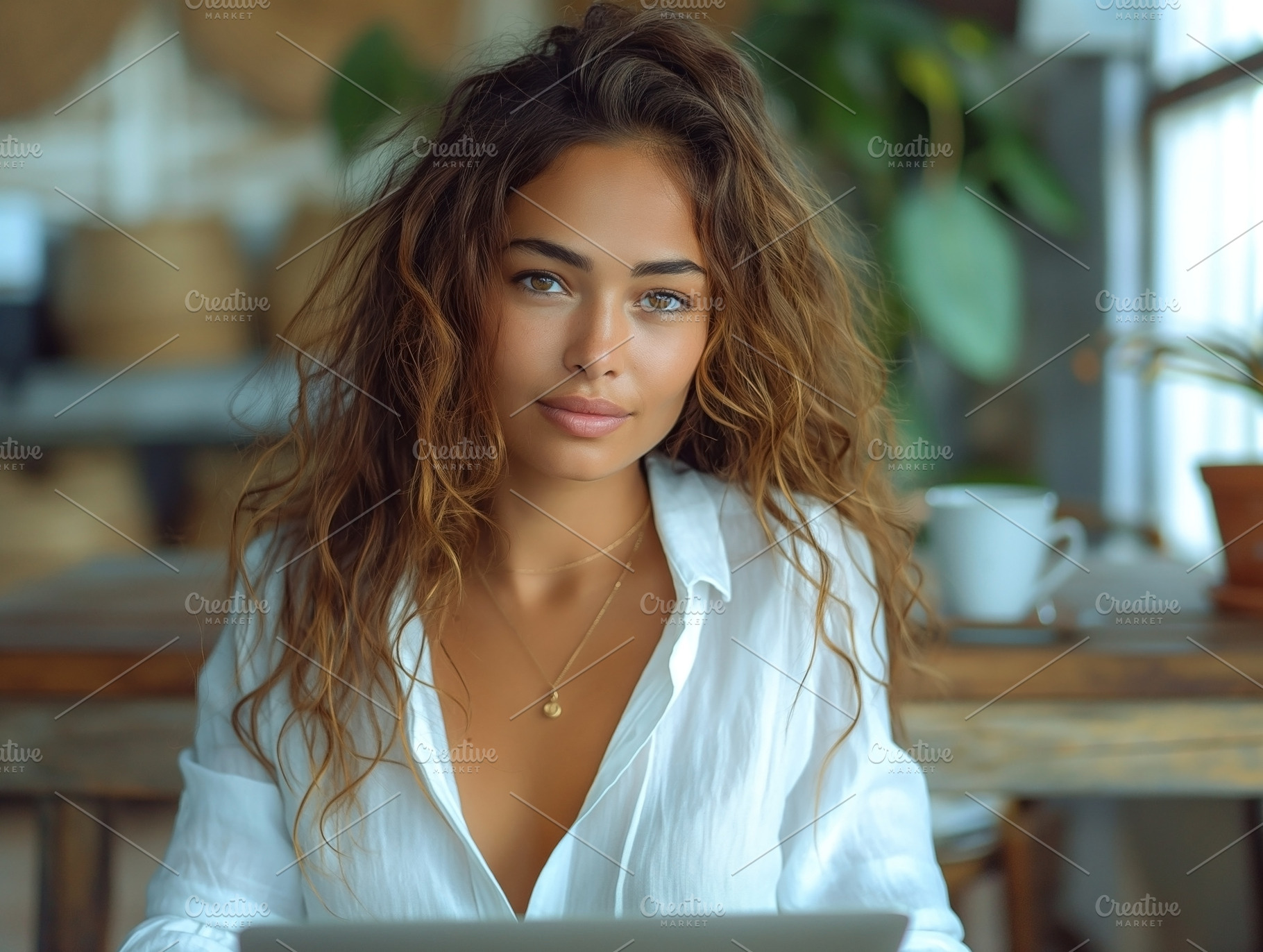 Young adult female with wavy hair sitting at a wooden table, exuding confidence, a Person Photo by ImageMir