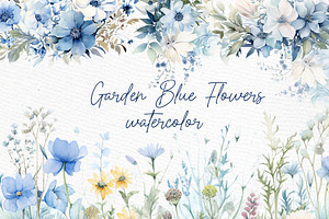 Watercolor Blue Garden flowers Png