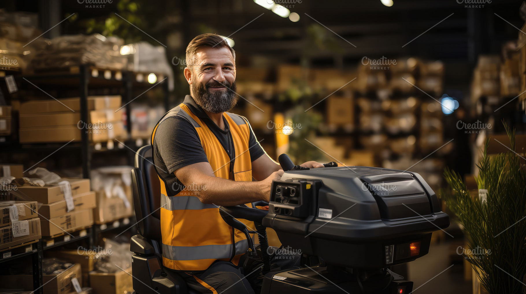 Warehouse worker driving electric fo, an Industrial Photo by Perpis
