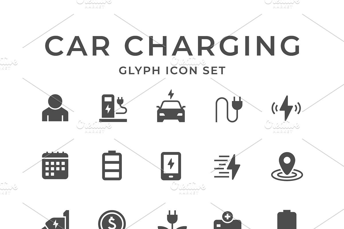 Set glyph icons of car charging, an Outline Icon by motorama (Photo 1 of 2)