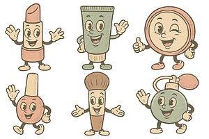 Vintage cosmetics mascots with cheer, an Illustration by Dvoevnore photos