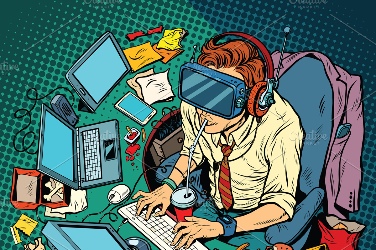 IT geek working on computers, a Food Illustration by studiostoks