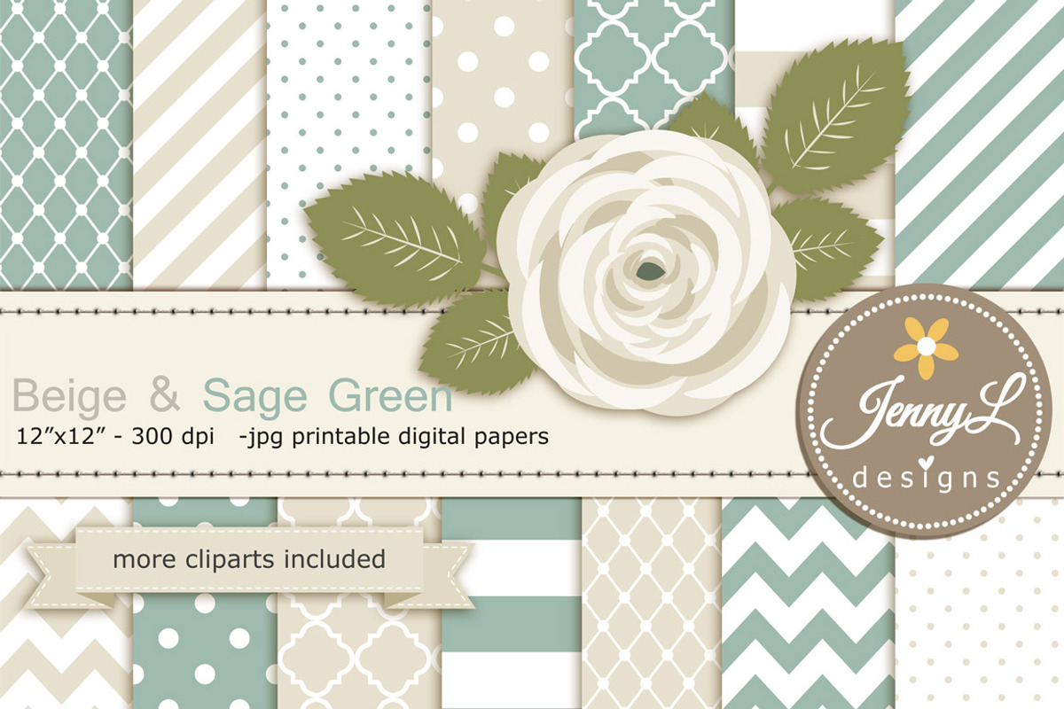 Beige and Sage Green Digital Paper, a Pattern Graphic by JennyL Designs (Photo 1 of 3)