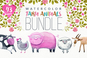 Watercolor Farm Animals Bundle