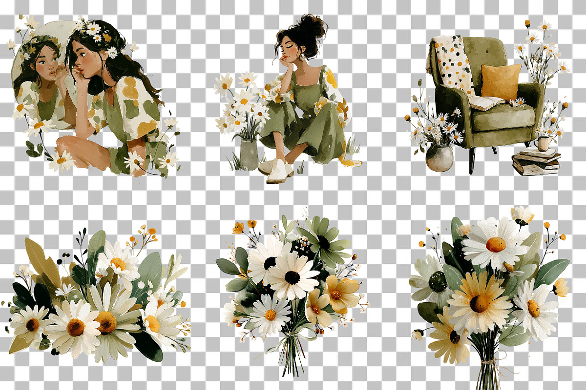 Daisy Flowers Cottagecore Girl Set, an Illustration by DreamCafeArt (Photo 3 of 6)