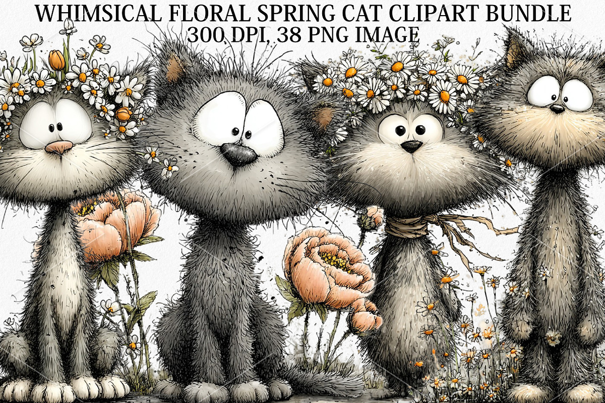 Whimsical Floral Spring Cat Clipart, a Seasonal Illustration by Canvas Craft (Photo 1 of 7)