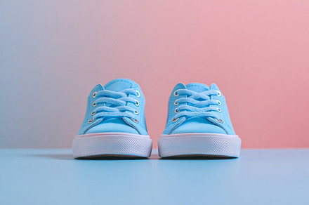 Children sneakers against color minimalistic background, a Photo by Dvoevnore photos