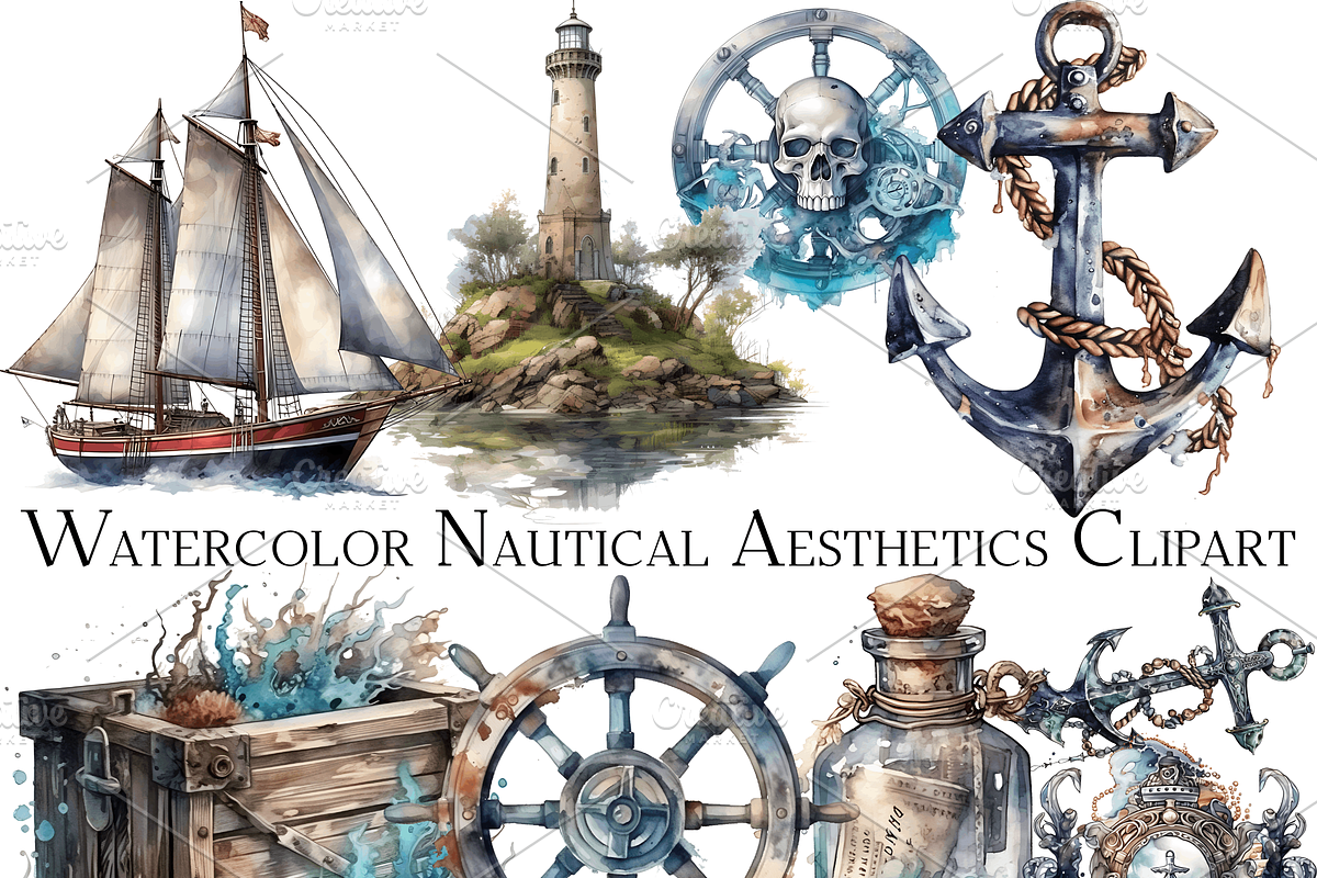 Watercolor Nautical Elements Clipart, an Object Graphic by ArtisticTimberStudio (Photo 1 of 2)