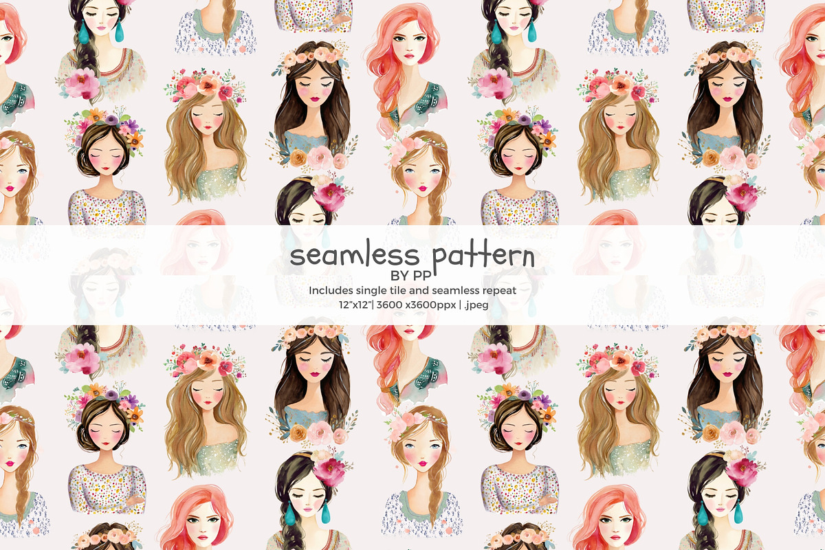 Boho girls seamless pattern, a Pattern Graphic by Pink Studio Art (Photo 1 of 4)