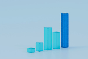 Translucent 3D Blue Bar Chart with Highlighted Final Bar, a Business Photo by RF Images