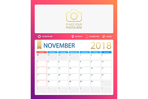 NOVEMBER 2018, Illustration Vector Calendar Or Desk Planner, Weeks Start On Sunday