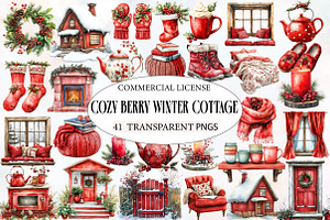Watercolor Cozy Berry Winter Cottage, an Illustration by Designworld