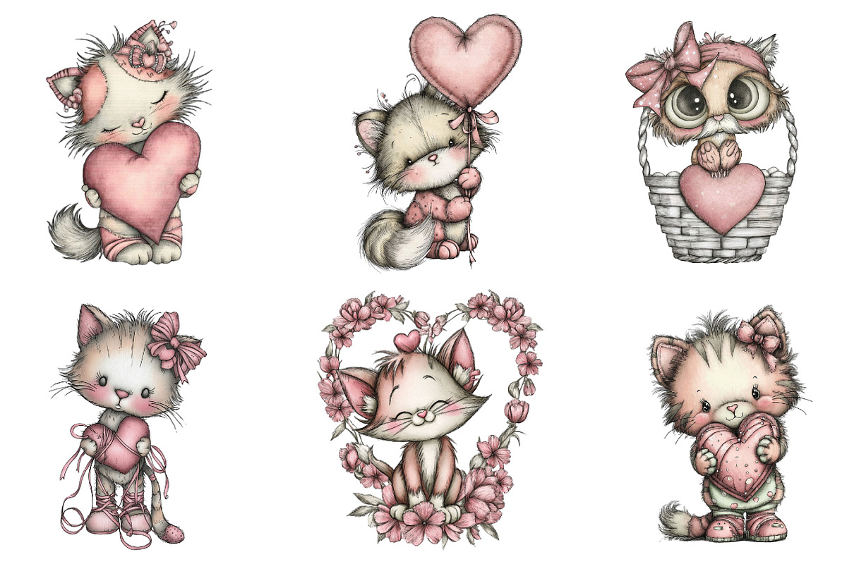Whimsical Valentine Cats Clipart, an Illustration by designcity5 (Photo 2 of 5)