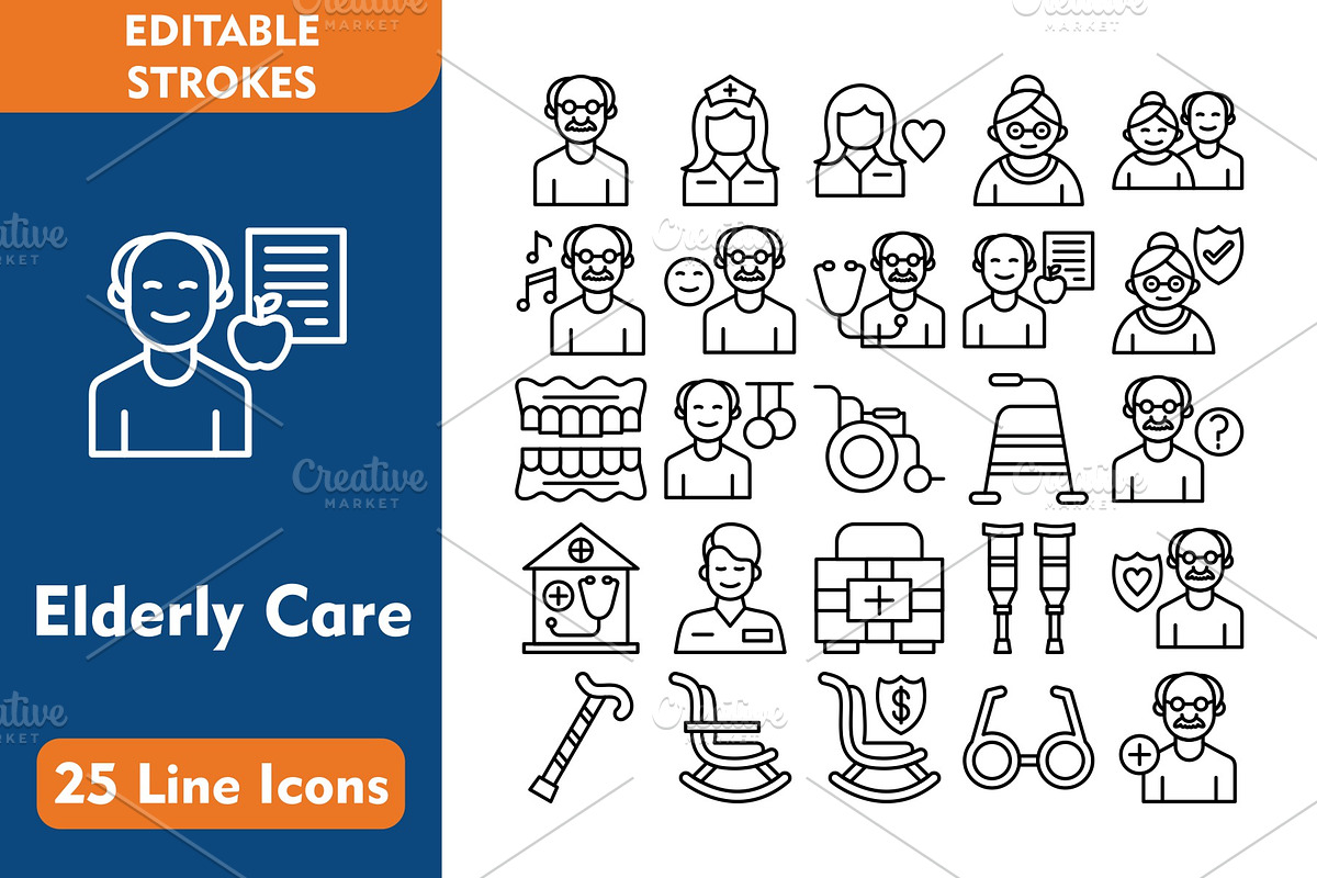 Elderly Care 25 Line Icons, an Icon by Pexelpy