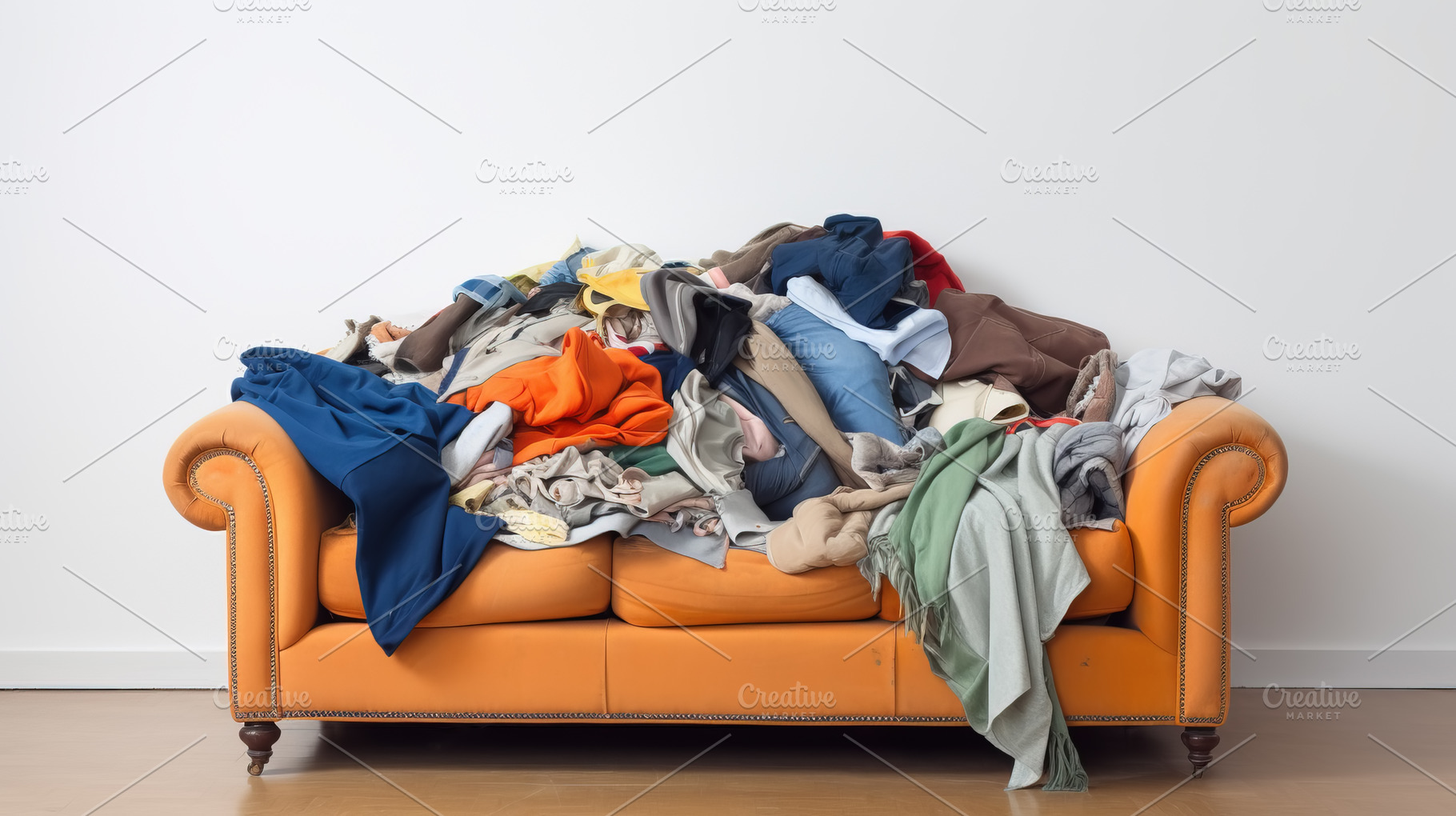 Old orange sofa full of clothes, blankets, scarfs, etc. Messy ro, a Beauty & Fashion Photo by Studio Light & Shade