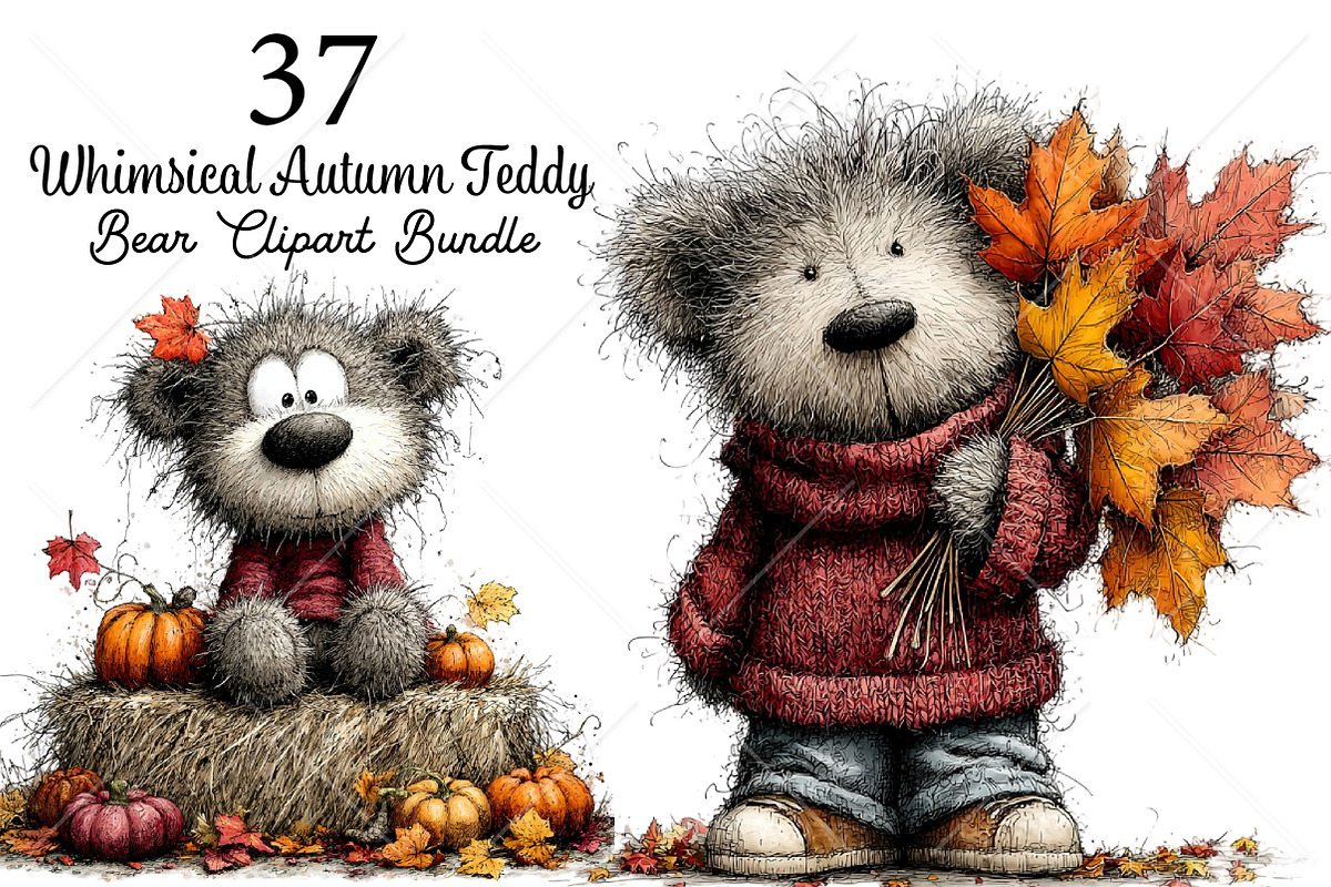 Whimsical Autumn Teddy Bear Clipart, a Seasonal Illustration by Canvas Craft (Photo 1 of 10)