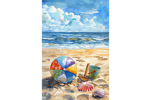 Colorful Beach Ball and Shells Art, a Decorative Illustration by Art Paradise Studios