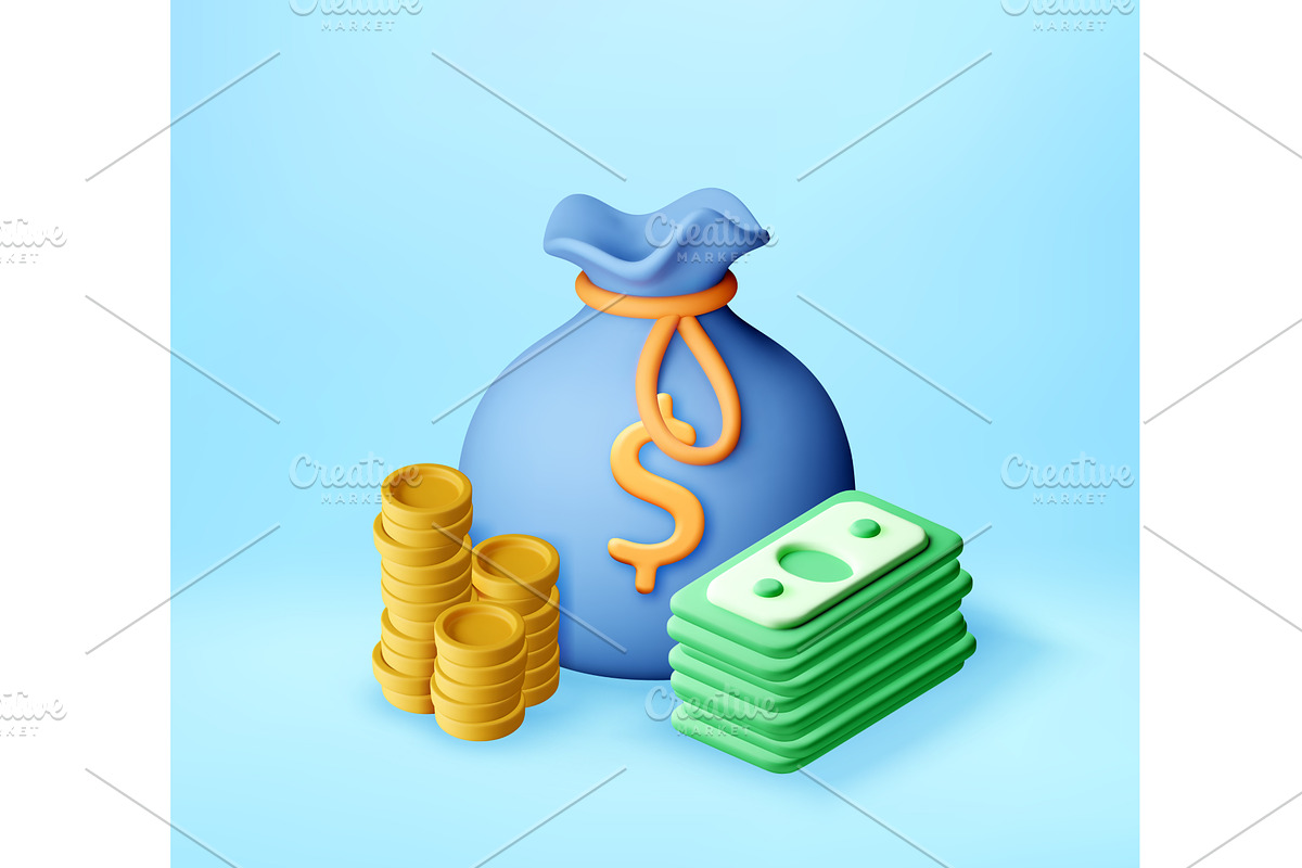 3D Money bag with coin stack and, a Finance Illustration by Abscent