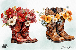 Western Floral Cowboy Boots Clipart