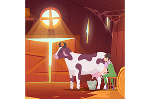 Milking cow. female farmer sitting, an Animal Illustration by Onyx