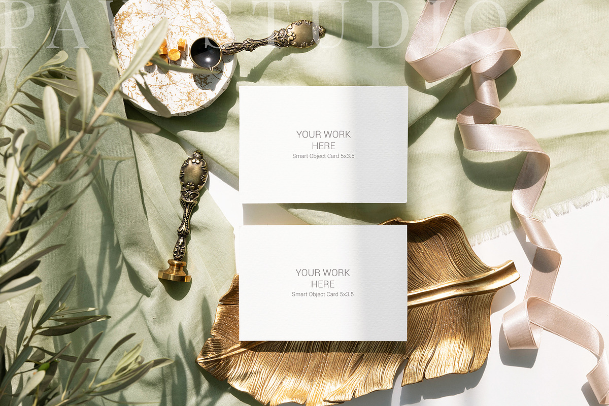 Card Mockup 5x3.5 RSVP Olive, a Merchandise Mockup by PawMockups (Photo 6 of 10)