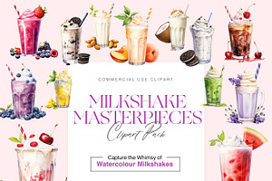 Watercolor Milkshake Clipart, Drinks