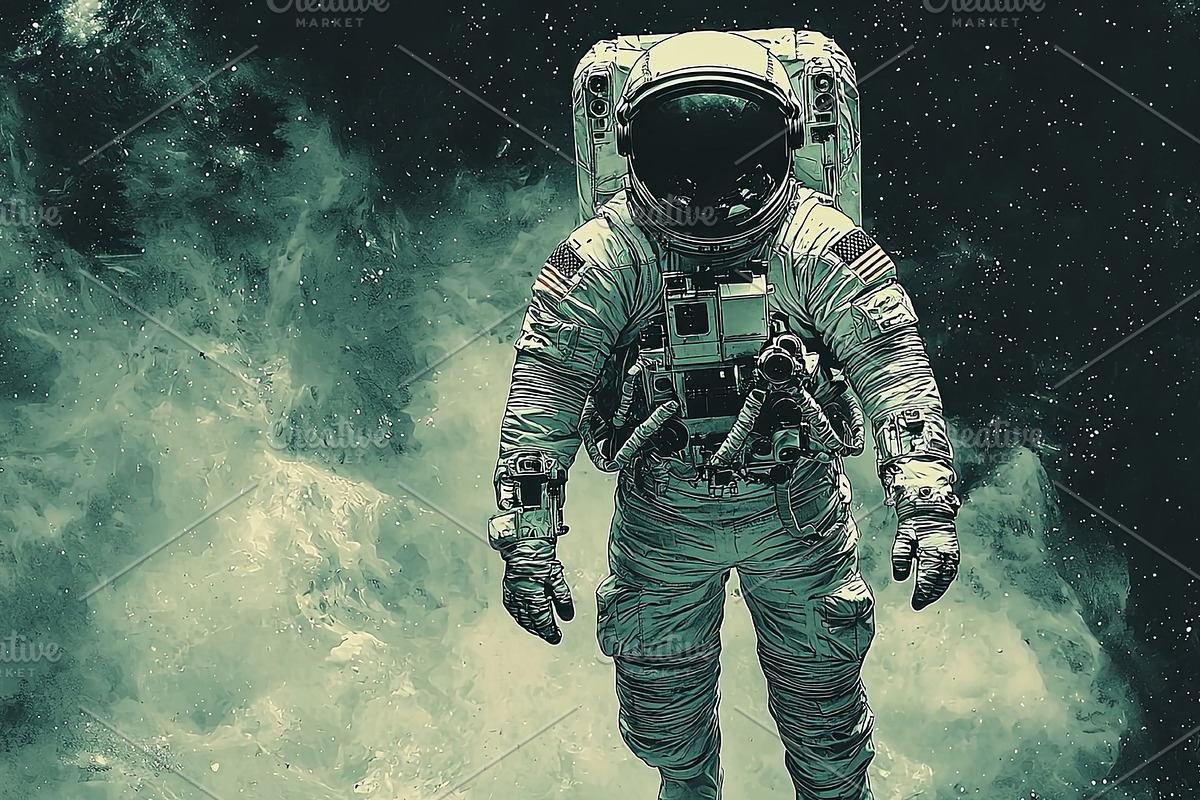 Astronaut floating in deep space with stars and clouds in the background, an Illustration by AS photostudio