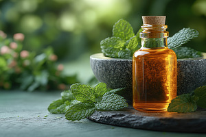 Small bottle of mint essential oil with mint leaves in mortar, a Health & Medical Photo by AlyaAnd