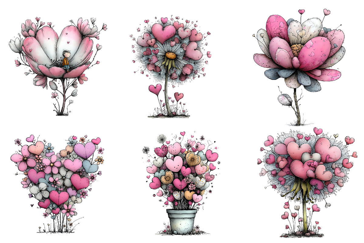 Whimsical Heart Flower Clipart, an Illustration by DreamArtGraphic (Photo 3 of 4)