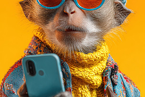 Stylish monkey in sunglasses and winter clothes using smartphone, an Abstract Photo by Ales Munt