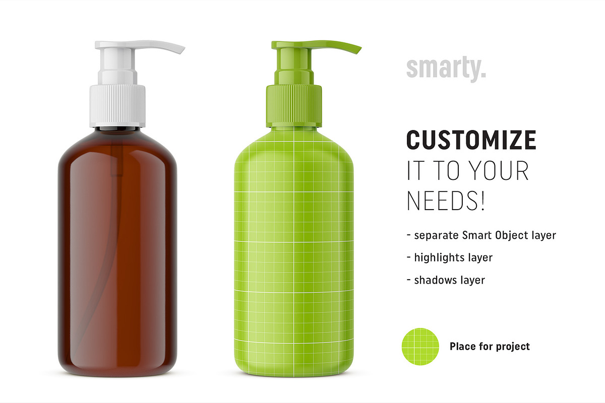 Amber bottle with pump mockup, a Pens & Pencil Mockup by Smarty Mockups (Photo 2 of 5)