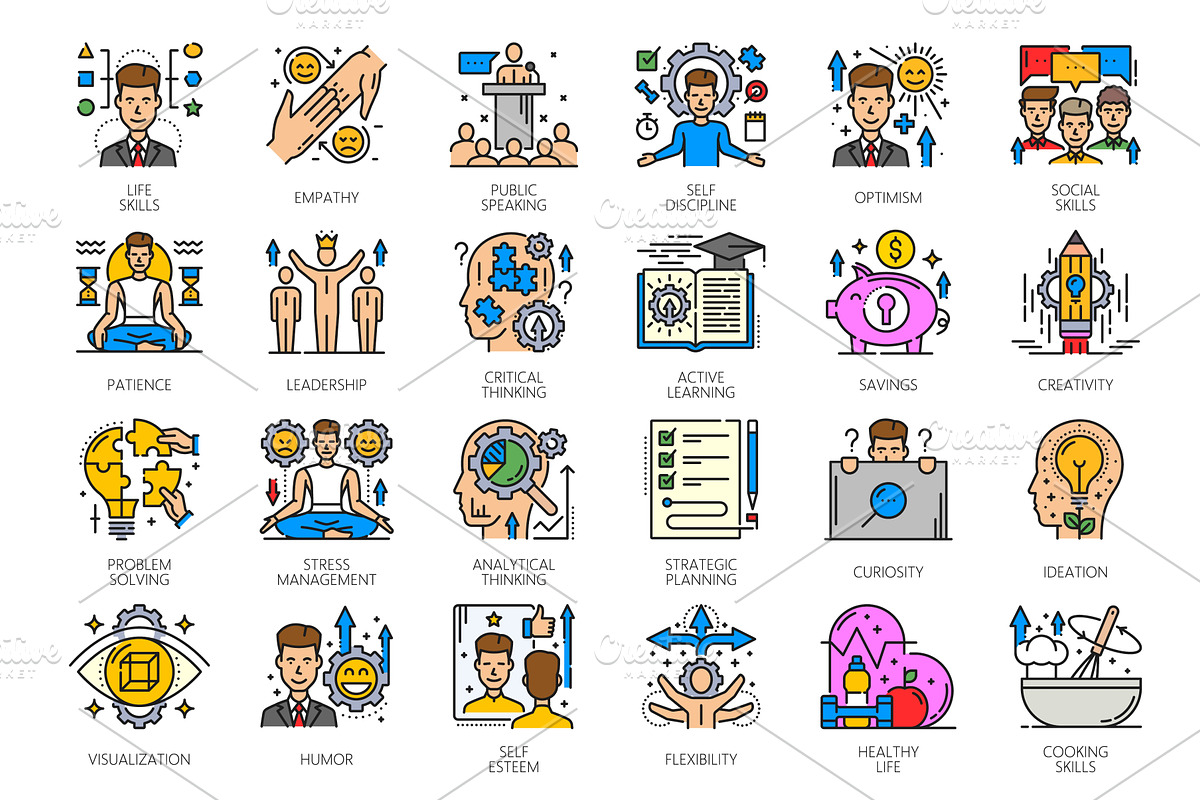 Color life skills icons, competency, a Healthcare Illustration by Vector Tradition