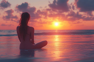 Woman sitting gracefully in calm oce, a Photo by Tanuart