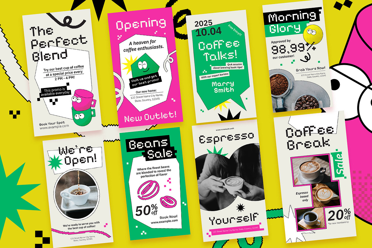 Pixelated Coffee Shop Instagram Set, a Social Media Template by Aiyari Graphic (Photo 4 of 5)
