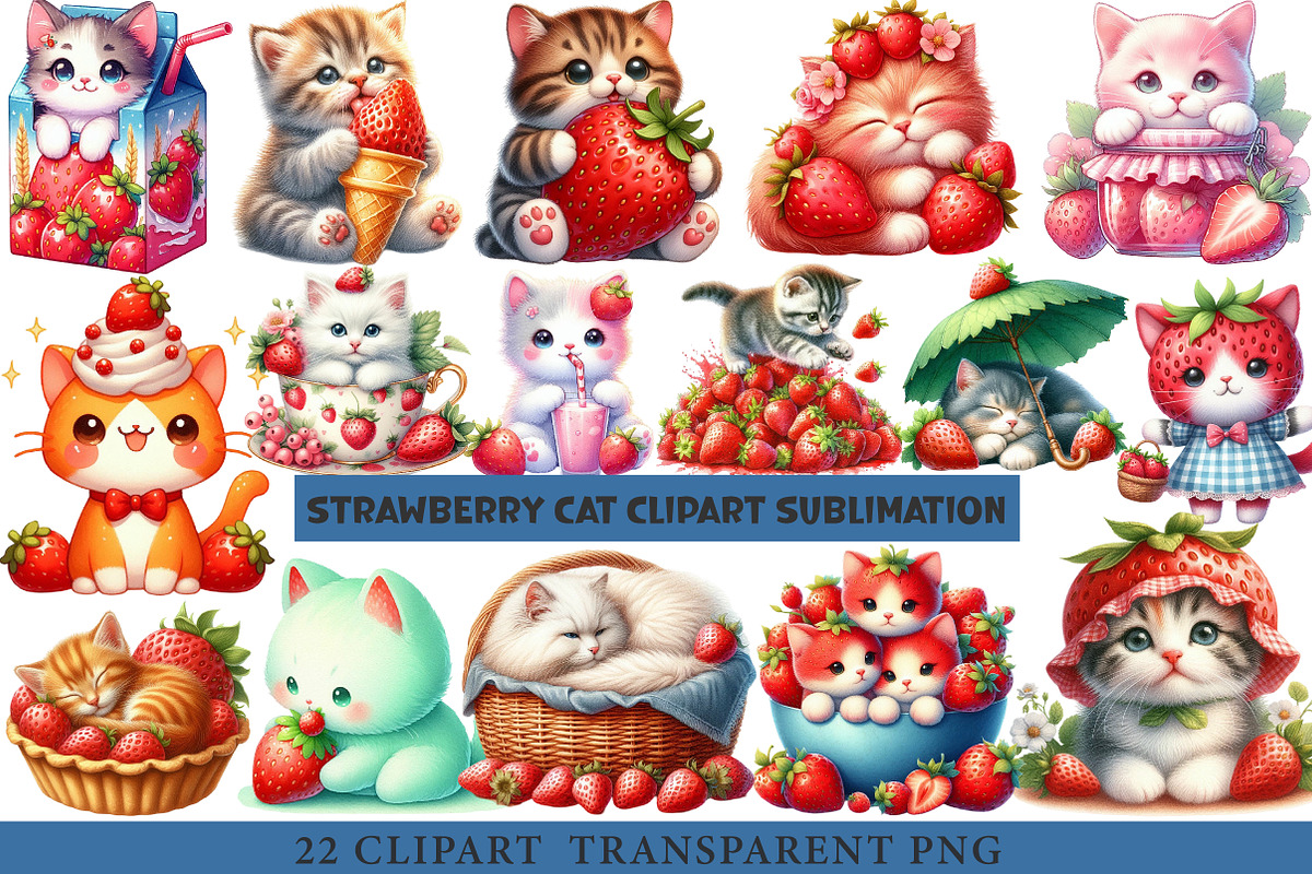 Strawberry Cat Clipart Sublimation, an Illustration by cherrydesign (Photo 1 of 3)