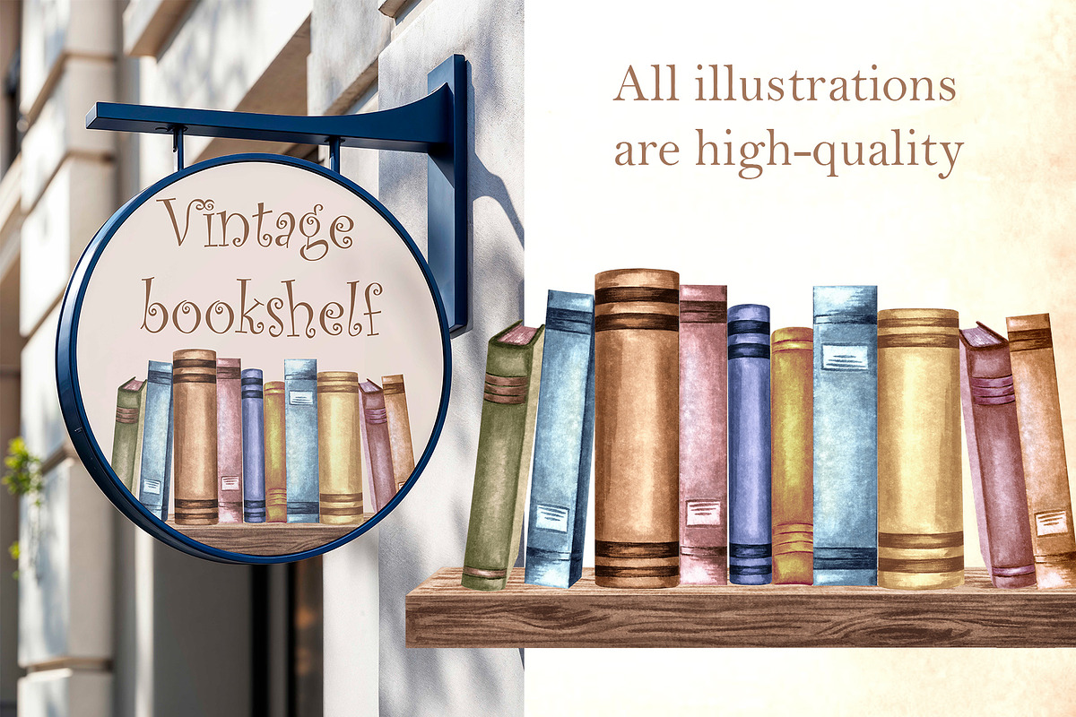 Vintage bookshelf watercolor clipart, an Education Illustration by susie-p-art (Photo 3 of 13)