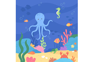 Cartoon underwater world, an Animal Illustration by LadadikArt